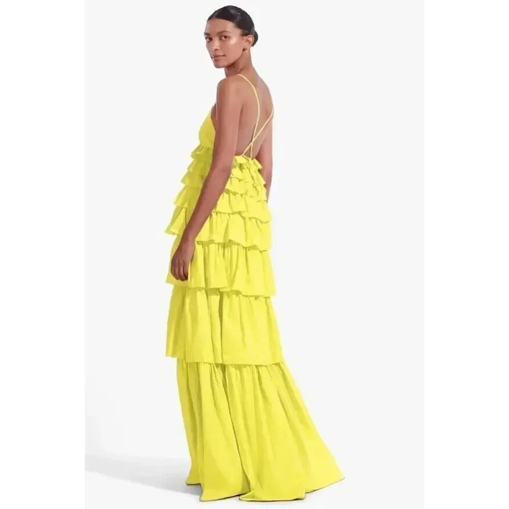 Staud Rylie Green Sleeveless Tiered BOUGAINVILLEA Ruffled Maxi Dress Sz L - Picture 8 of 16